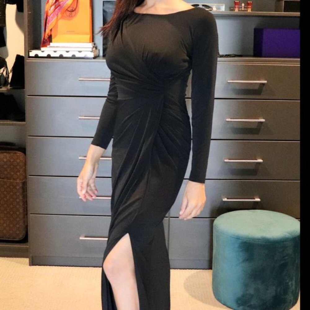 Long sleeve black stretch gown with low back